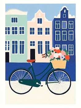 Charmante illustratie van Amsterdamse fietsen en grachtenpanden