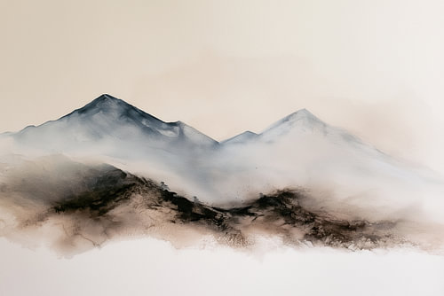 Minimalistische Berglandschaft im Nebel – Stimmungsvolles, modernes Gemälde von Thea