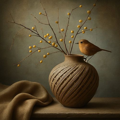 Rustige Vaas met Gele Bessen en Roodborstje – Klassiek Stilleven