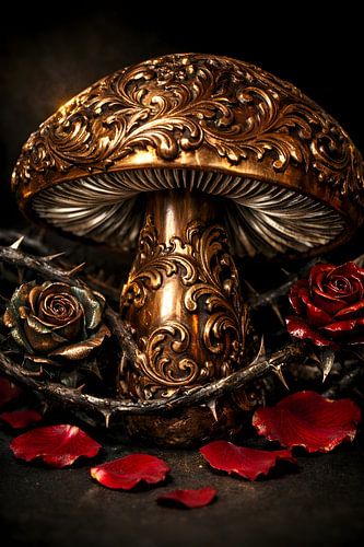 Verzierte Bronze-Pilz-Rote-Rose-Gotik-Steampunk-Kunst