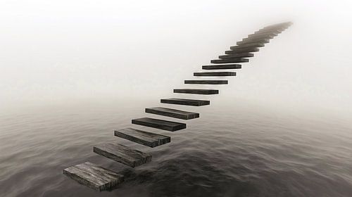 Zwevende houten trap in de zee van mist