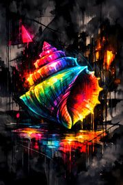 Reflets de l'océan – Coquillage abstrait aux couleurs néon dans un style pop art urbain sur ButterflyPix