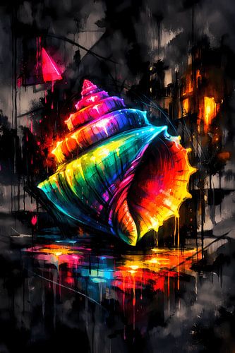 Schimmer des Ozeans – Abstrakte Neon-Meeresmuschel im urbanen Pop-Art-Stil