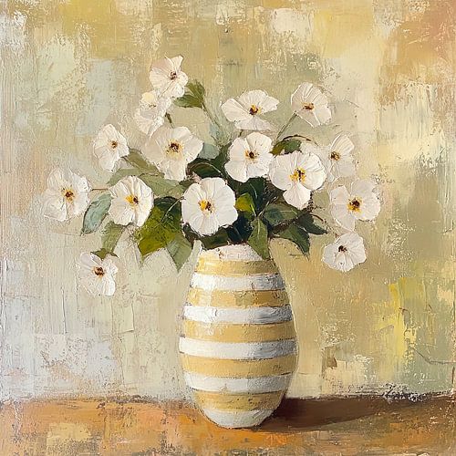 Witte lentebloeiers op gestreepte vaas