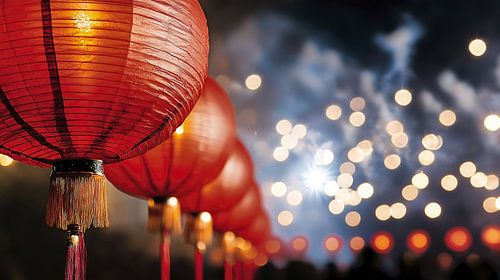 Rode lampions en vuurwerk voor het nieuwe jaar