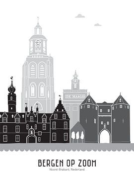 Skyline illustratie stad Bergen op Zoom zwart-wit-grijs van Mevrouw Emmer