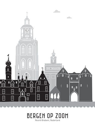 Skyline illustratie stad Bergen op Zoom zwart-wit-grijs
