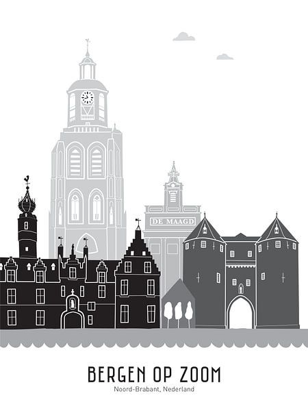 Skyline illustration city of Bergen op Zoom black-white-grey by Mevrouw Emmer