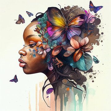 Aquarel vlinder Afrikaanse vrouw #8 van Chromatic Fusion Studio