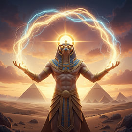 Statue d'Horus dans le désert avec arc électrique et pyramides sur Markus Gann