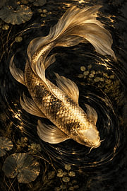 Golden koi – Japanese painting on black water by AiArtLand