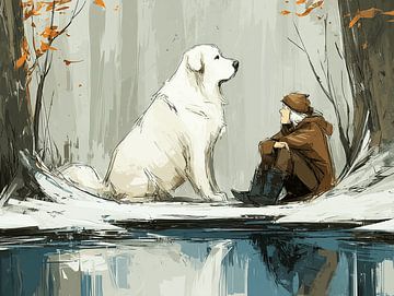 Winter Whisper - Man and Pyrenean Mountain Dog at Lake Forest by Karina Brouwer