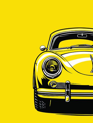 Retro sportwagen voorkant popart geel portret