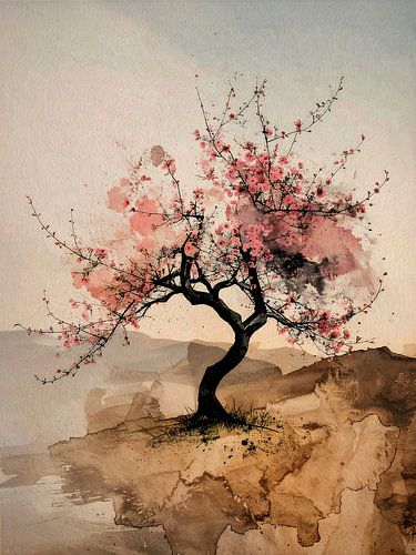 Japandi Art:  Berglandschap met Kersenbloesem (Sakura)