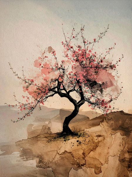 Japandi Art: Mountain Landscape with Cherry Blossom (Sakura) by Studio Pieternel