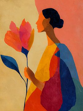 Vrouw met grote bloem – abstract portret in warme en gedurfde kleurvlakken