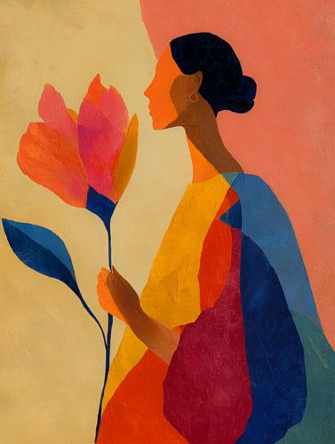 Femme avec une grande fleur - portrait abstrait aux couleurs chaudes et vives