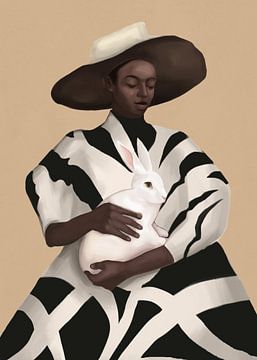Woman In Stripes Holding a White Rabbit by Nadjaa