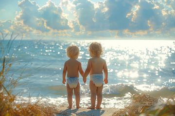 deux enfants sur la plage regardant vers la mer sur Egon Zitter