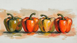 Küchenkunst: Eine farbenfrohe Reihe von Paprikaschoten im malerischen Stil