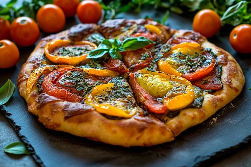 Kleurrijke pizza met verse basilicum