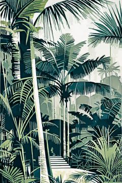 Vintage oerwoud met palmen, pad en trap in groen van Anna Marie de Klerk