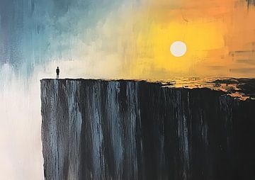 Klif Zonsondergang Schilderij | Solitary Sunset Watch van Abstract Schilderij