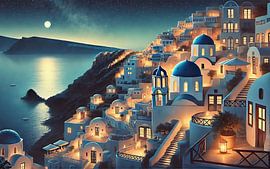 Vintage Santorini Night Poster, Greece by Chromatic Fusion Studio