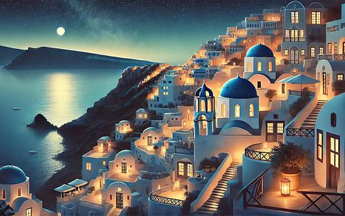 Vintage Santorini Nacht Poster, Griekenland