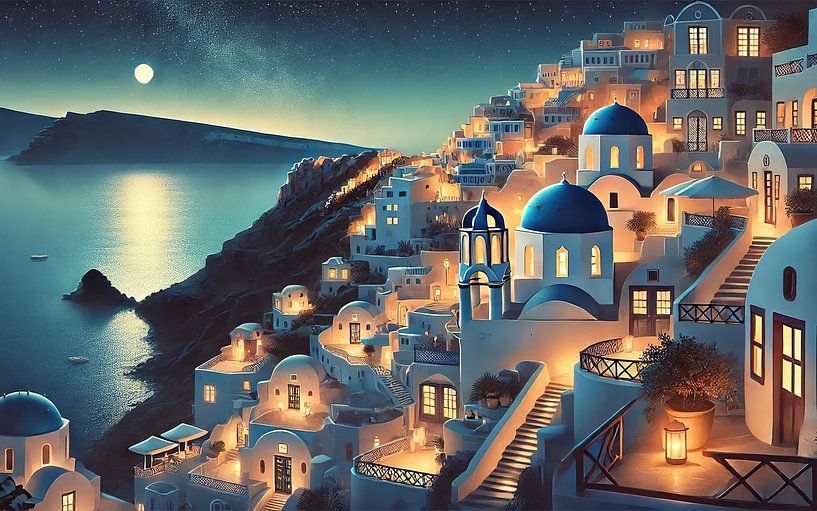 Vintage Santorini Nacht Poster, Griechenland von Chromatic Fusion Studio