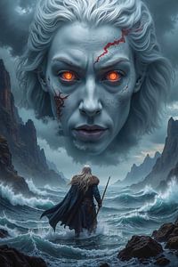 Dark Fantasy Wandbild: NEMESIS - Die Göttin der Wikinger über dem stürmischen Meer