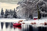 Droombeeld met rode boot in een winter landschap 6 van Maarten Knops thumbnail