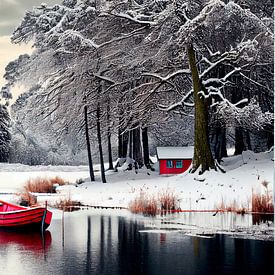 Droombeeld met rode boot in een winter landschap 6 van Maarten Knops