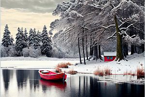 Traumlandschaft mit rotem Boot in einer Winterlandschaft 6