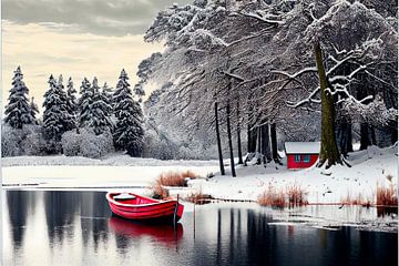 Dreamscape with red boat in a winter landscape 6 by Maarten Knops