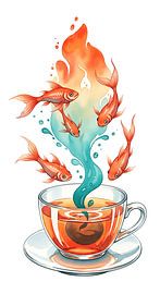 Whimsical Teacup Goldfish Splash - Vibrant Watercolor Surreal Wall Print