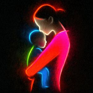 Mother and baby neon silhouette