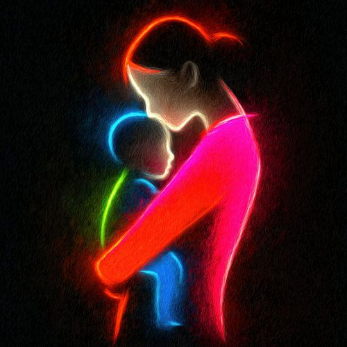 Mutter und Baby Neon-Silhouette