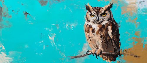 Owl on a branch in front of a colourful background