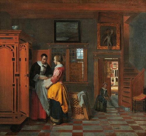 Binnenhuis met vrouwen bij een linnenkast, Pieter de Hooch