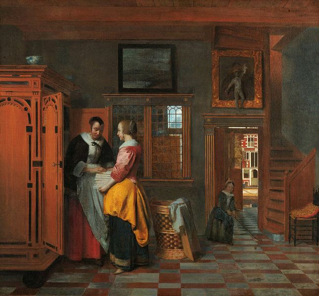 Binnenhuis met vrouwen bij een linnenkast, Pieter de Hooch van Meesterlijcke Meesters