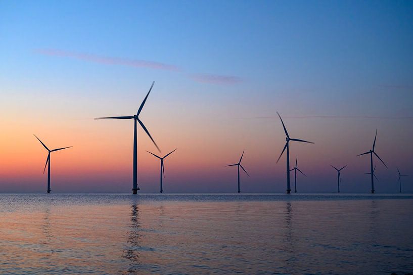 Wind turbines in an offshore wind park producing electricity sunset by Sjoerd van der Wal Photography