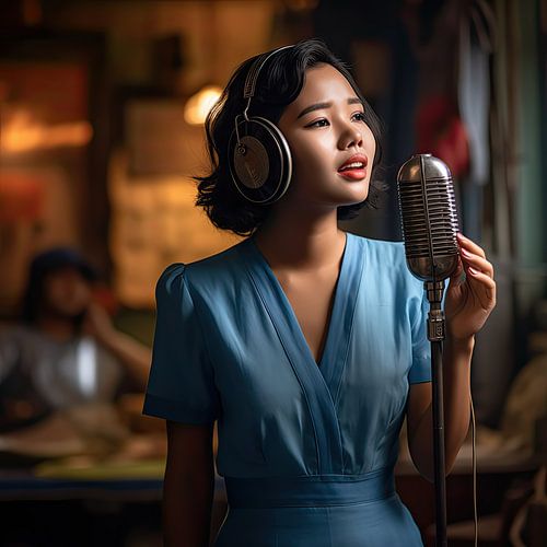 Een Aziatische zangeres in een studio  Phnom Penh in the 1960s