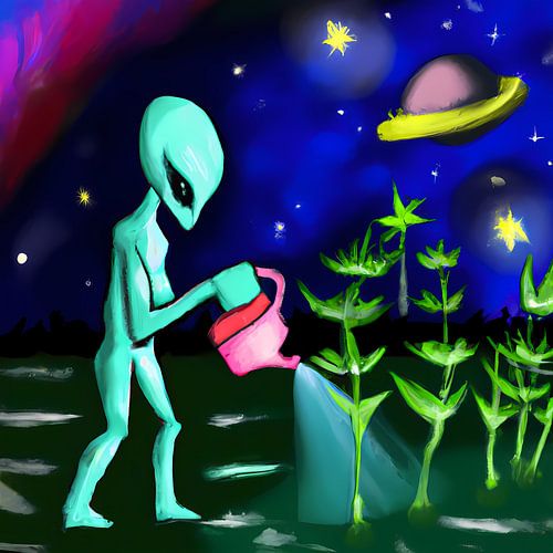 Alien geeft plantjes water op planeet in de Melkweg