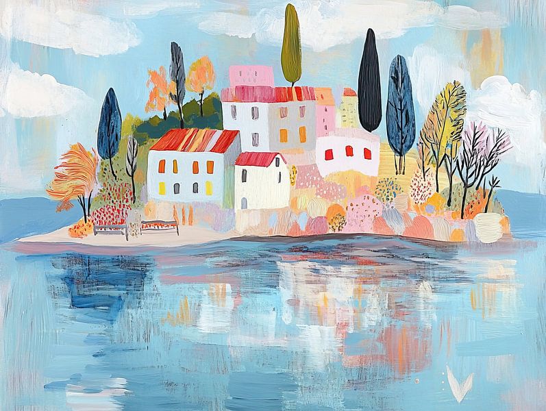 Inselhäuser | Buntes Haus am Wasser von Blickfänger Gemälde