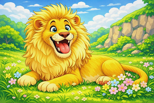 Le joyeux lion doré dans la prairie fleurie.
