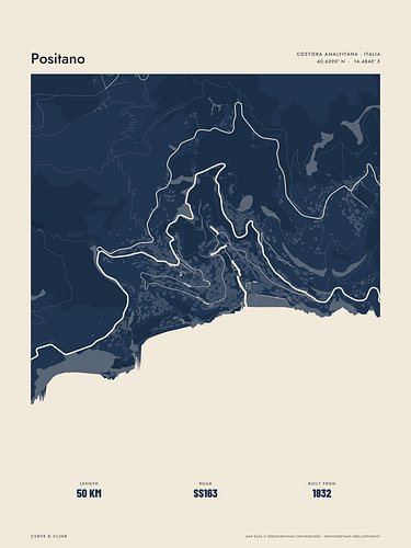 Positano and the Amalfi coast road, in navy