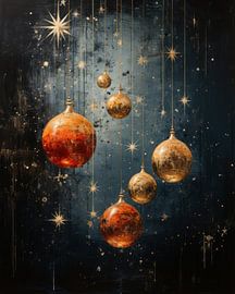 Kerstballen en sterren, sfeervol in goud, oranje en blauw van Studio Allee