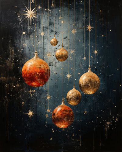 Kerstballen en sterren, sfeervol in goud, oranje en blauw van Studio Allee