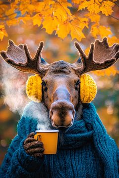 Gezellige eland met een warme drank - herfstmagie van Poster Art Shop